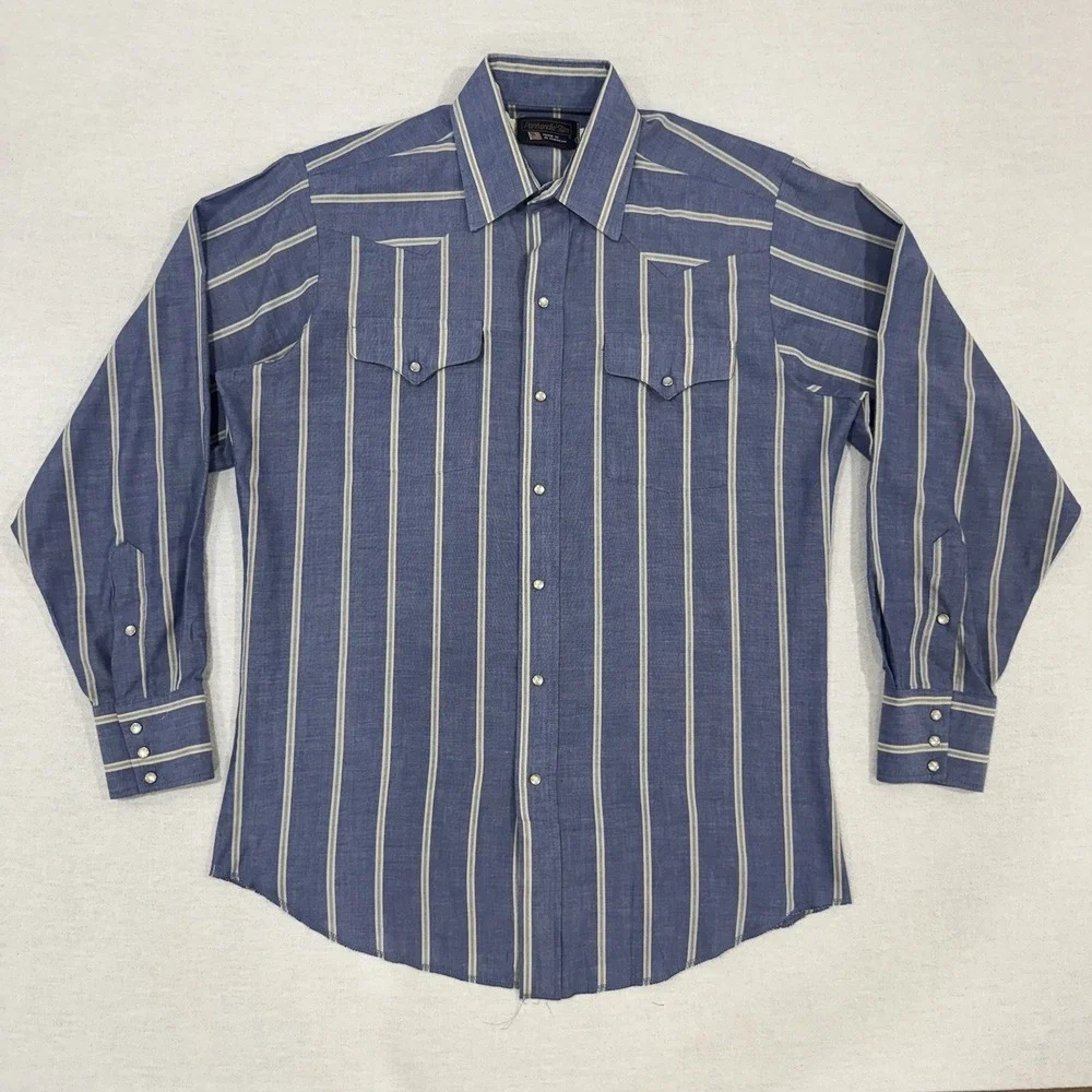 Panhandle Slim Pearl Snap Blue Western Shirt Men's Large 16-35 Made In USA